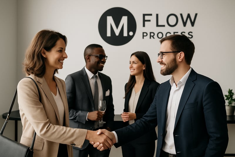 Rencontre d'entrepreneurs lors d'un événement M.FLOW Process, ambiance élégante et minimaliste Rencontre d'entrepreneurs lors d'un événement M.FLOW Process, ambiance élégante et minimaliste